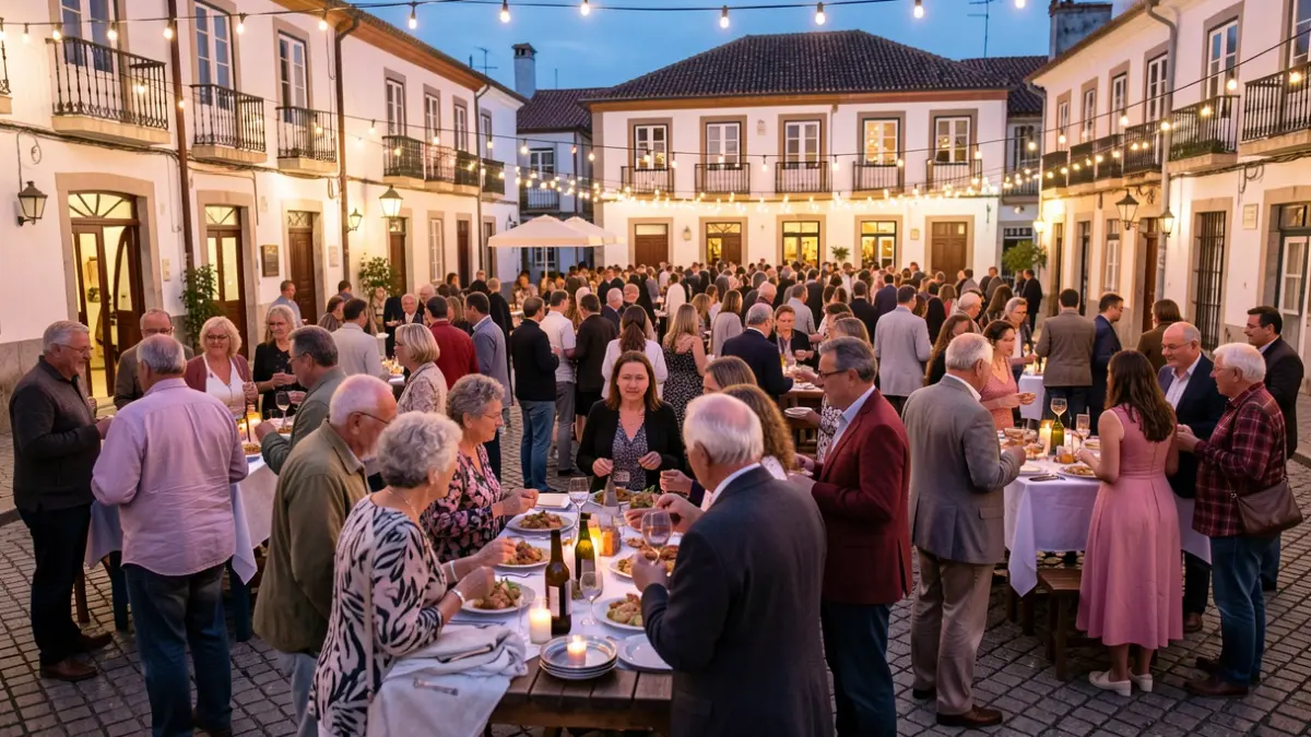 Imagem de uma festa comunitária ao ar livre em Canaviais, com pessoas a celebrar o aniversário da freguesia.