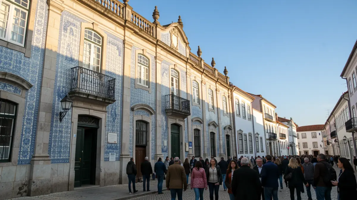 Imagem genérica da fachada de um edifício municipal português com azulejos.