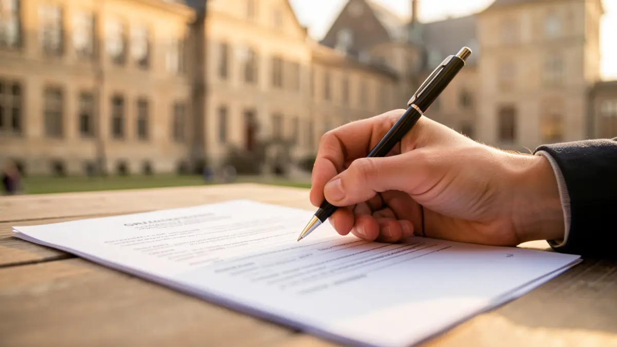 Imagen genérica de una mano de estudiante escribiendo en un formulario de solicitud de beca, con edificios universitarios borrosos al fondo.