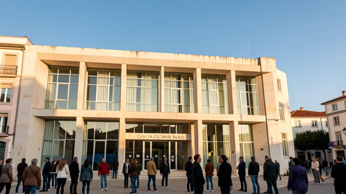 Fachada da Casa da Cultura de Ílhavo, um edifício moderno com grandes janelas e uma entrada proeminente, banhado pela luz quente do final da tarde.