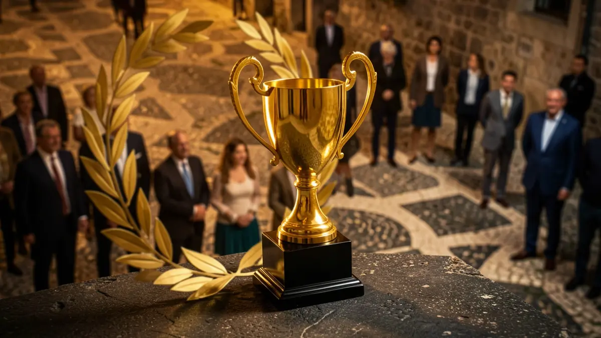 Imagen genérica de un trofeo dorado con elementos simbólicos de premios deportivos.
