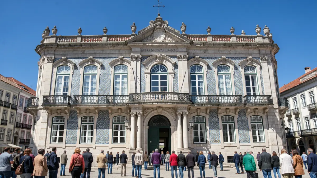Fachada do edifício da Câmara Municipal de Sintra, um edifício histórico português com varandas ornamentadas e detalhes em azulejo, sob um céu azul claro.