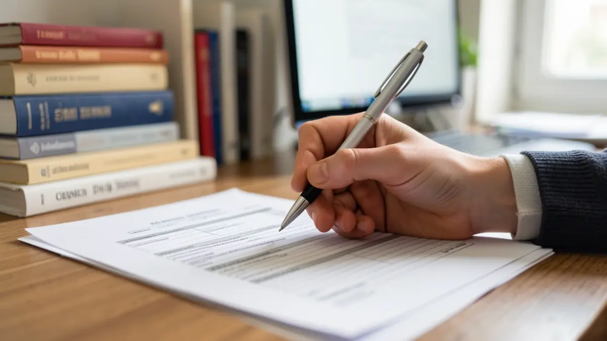 Generic image of a student's hand writing on an application form.