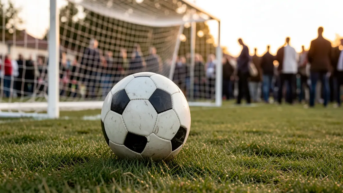 Imagem genérica de uma bola de futebol num relvado com a baliza desfocada ao pôr do sol.