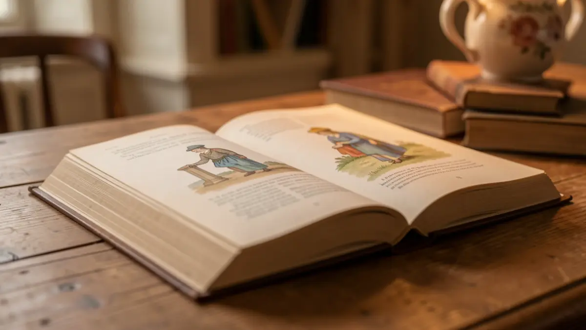 Imagem de um livro aberto com ilustrações e texto, sobre uma secretária de madeira, com luz suave.