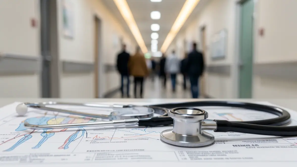 Imagem genérica de um estetoscópio sobre um relatório médico desfocado, com um corredor de hospital moderno ao fundo.