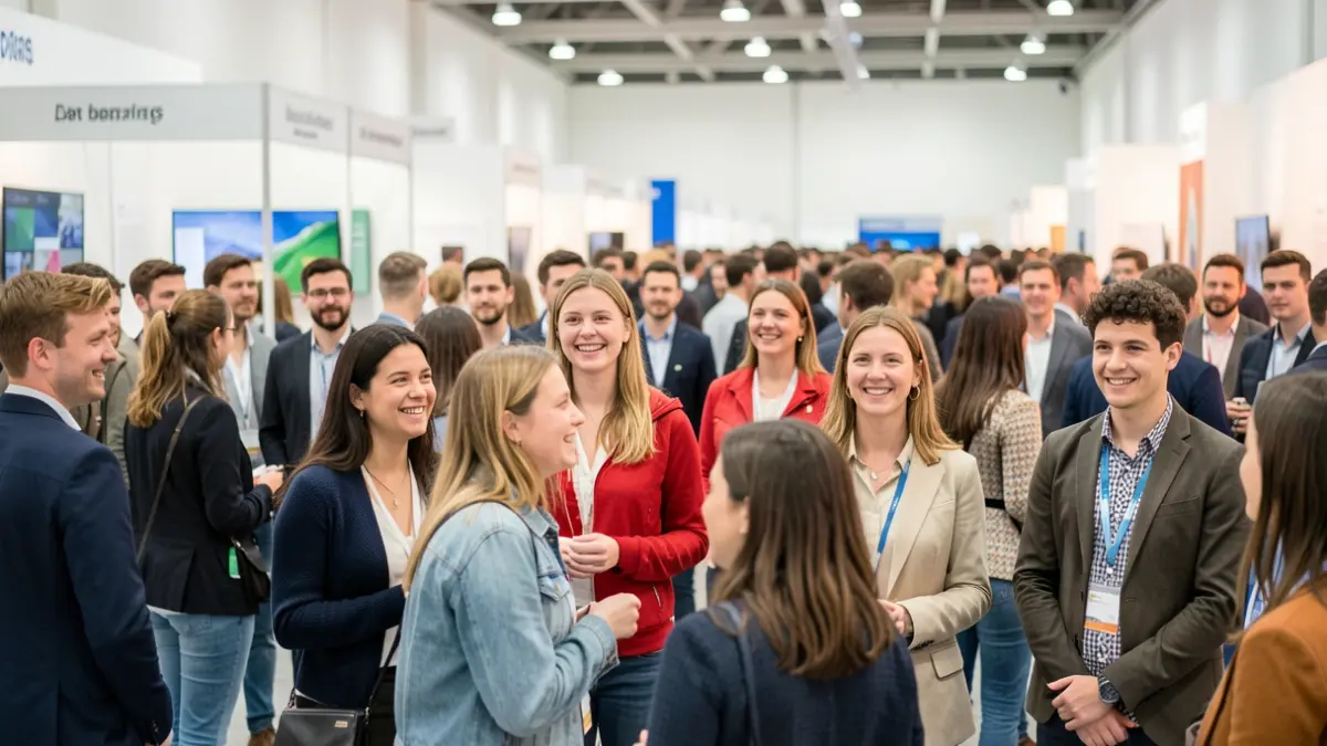 Imagen genérica de jóvenes adultos en una feria de empleo, con stands borrosos al fondo.