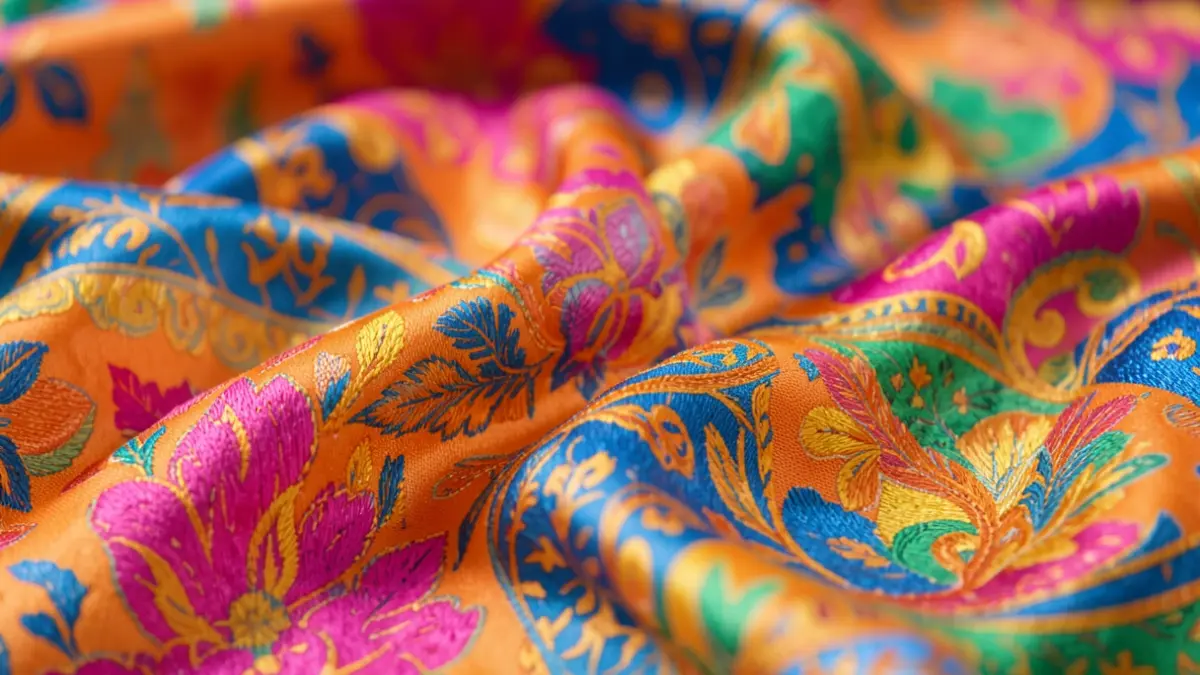 Generic image of a vibrant silk fabric with intricate patterns in shades of orange, blue, fuchsia, yellow, and green, with luminous surfaces.