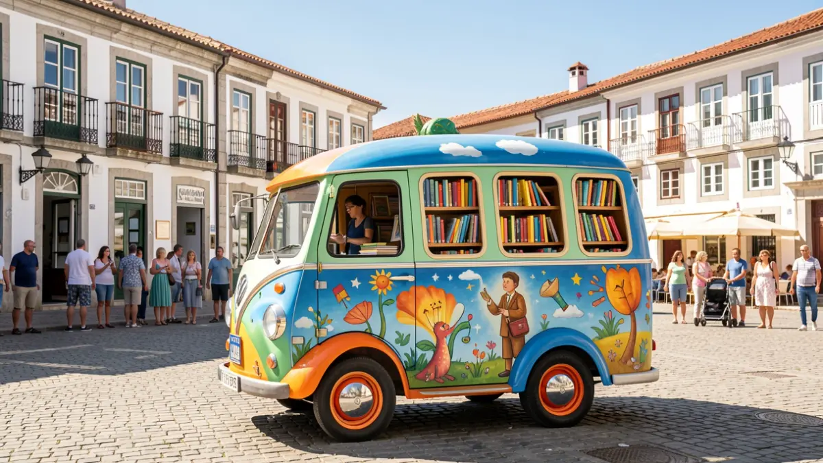Imagem genérica de uma carripana colorida transformada em biblioteca itinerante, estacionada numa praça soalheira.