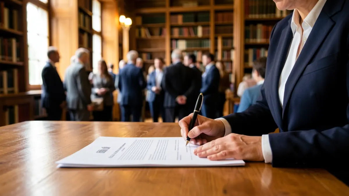Generic image of hands signing a document on a desk, with a blurred library background.