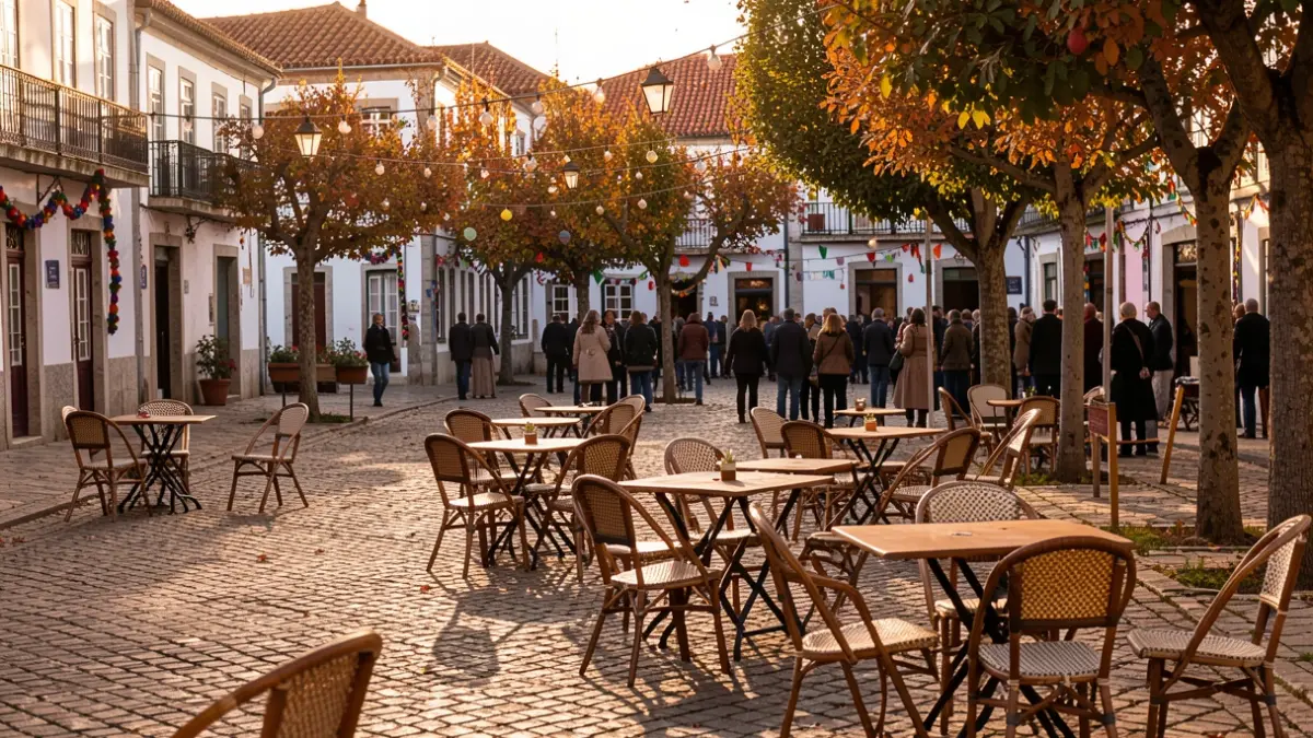 Praça tradicional portuguesa decorada para festa de São Martinho, com castanhas assadas e ambiente festivo.