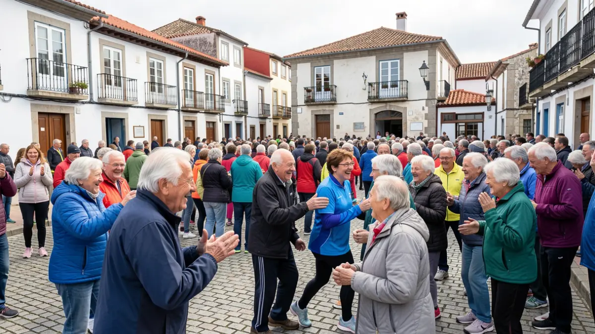 Idosos a participar num encontro desportivo sénior em Valpaços, Portugal, com foco na interação e atividade física.