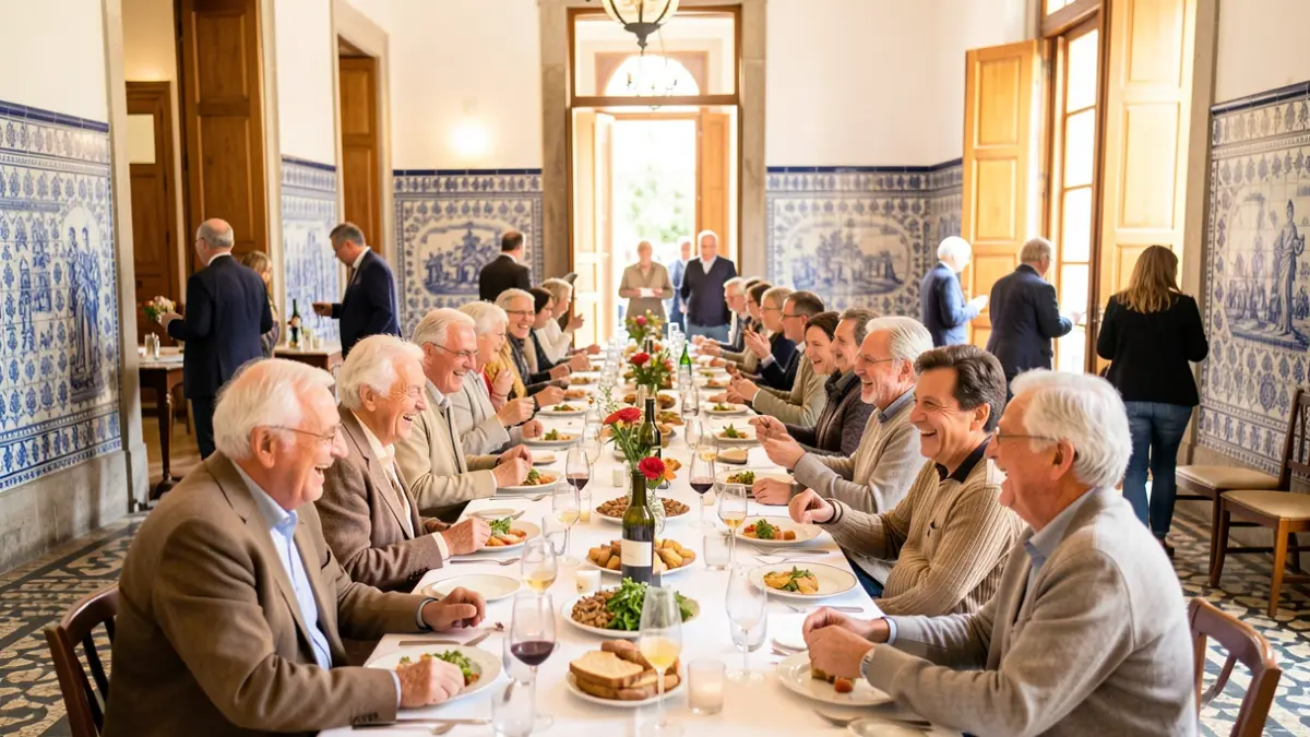 Imagen genérica de un almuerzo de convivencia con personas mayores y otros participantes en un salón con elementos de la arquitectura portuguesa.
