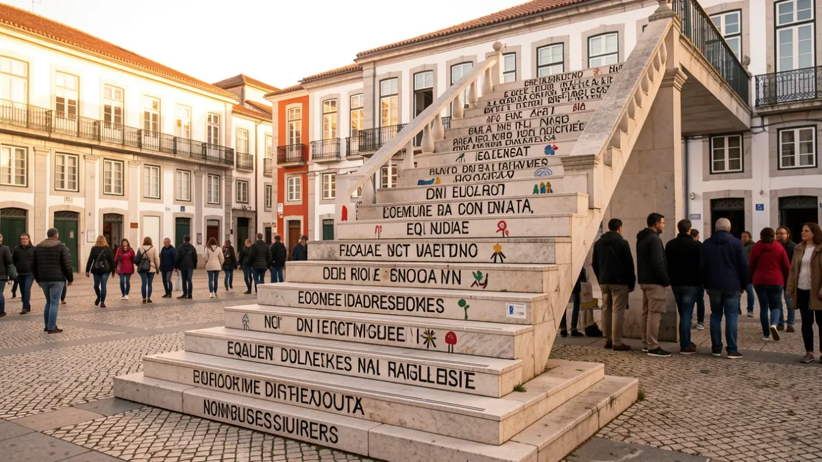 Imagem genérica de uma escadaria simbólica com degraus que apresentam mensagens de igualdade e não discriminação, instalada numa praça pública.