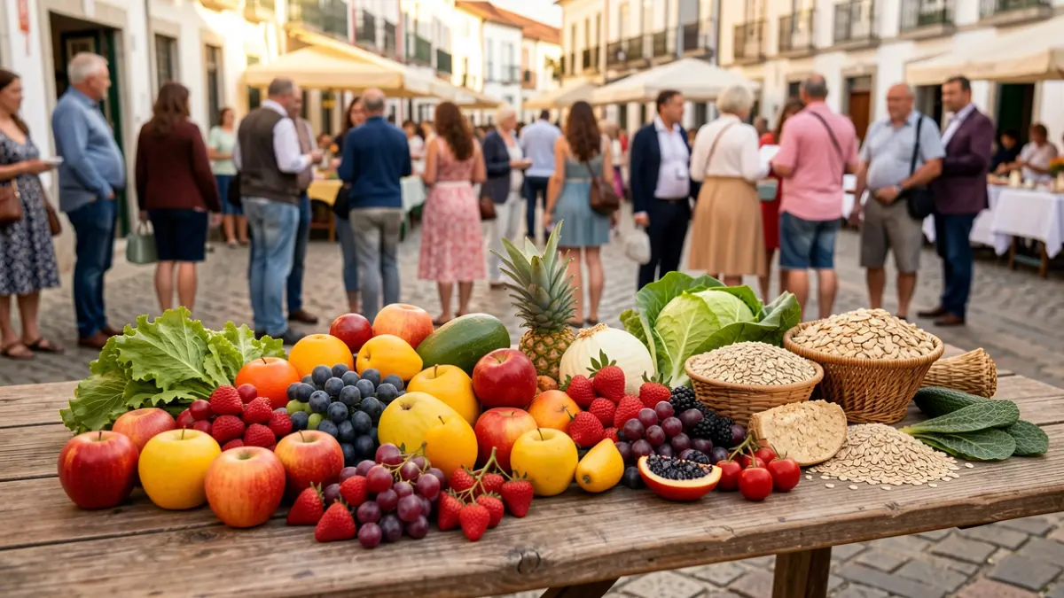 Imagem genérica de uma mesa com frutas frescas, vegetais e grãos.