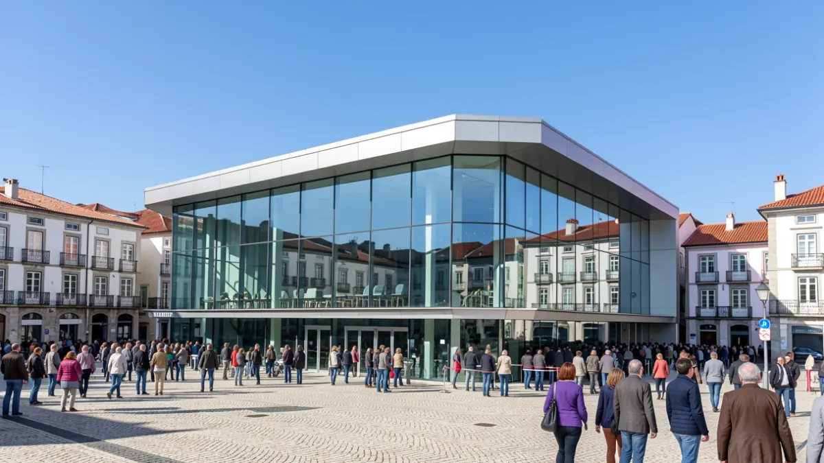 Centro de congressos em Carregal do Sal, Portugal, com arquitetura moderna e tradicional.