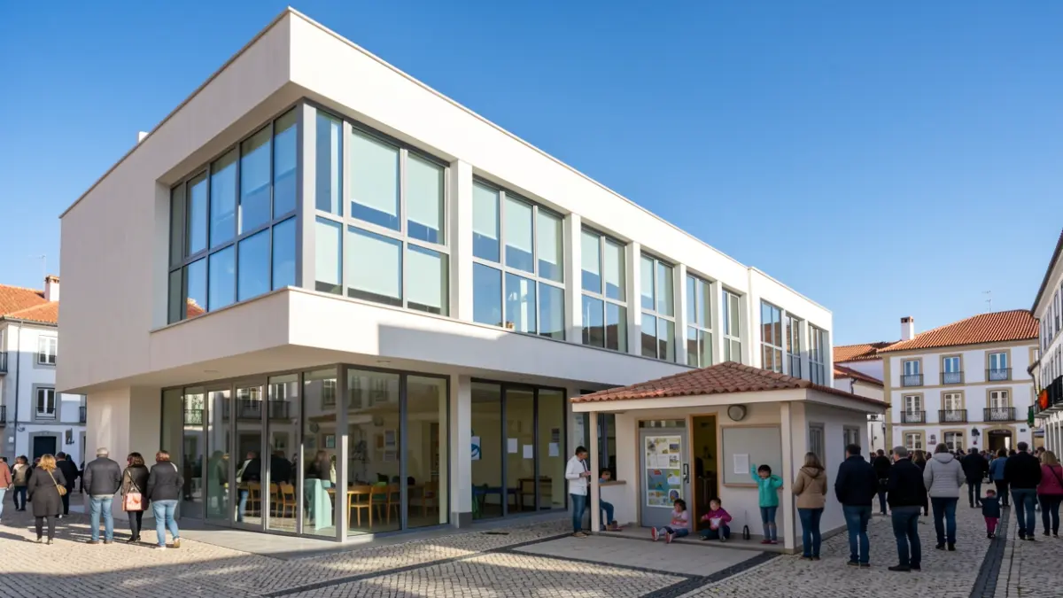 Imagen genérica de una fachada de edificio escolar moderno y una guardería en Portugal.