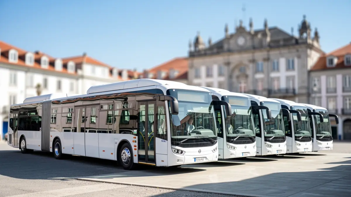 Generic image of a fleet of modern electric buses parked at a depot, with a municipal building in the background.