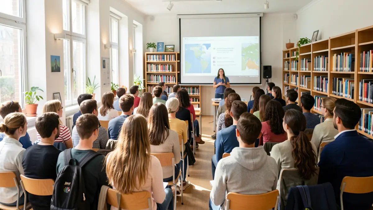 Generic image of a library with students and teachers participating in an environmental awareness session.