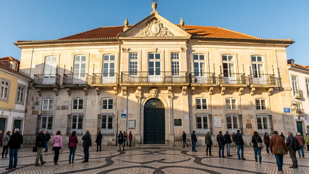 Fachada de un edificio municipal en Vila Nova de Gaia con detalles arquitectónicos tradicionales portugueses.