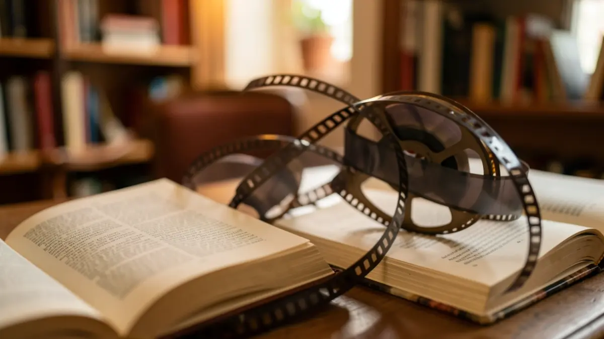 Imagem genérica de rolos de filme desfocados entrelaçados com livros abertos, em tons quentes.