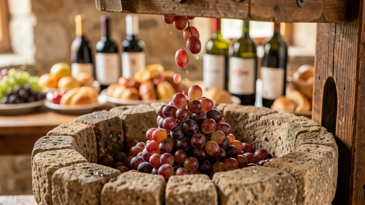 Imagem genérica de uvas a serem pisadas numa prensa de pedra tradicional, com iguarias regionais e garrafas de vinho ao fundo.