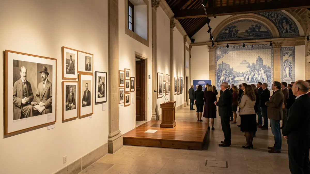Imagem genérica de um museu com exposições de arte e elementos arquitetónicos portugueses.