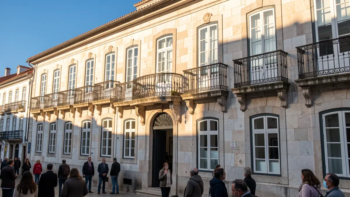 Facade of a Portuguese town hall with ornate balconies and iron railings, warm afternoon sunlight casting shadows on sandstone walls, blue sky.