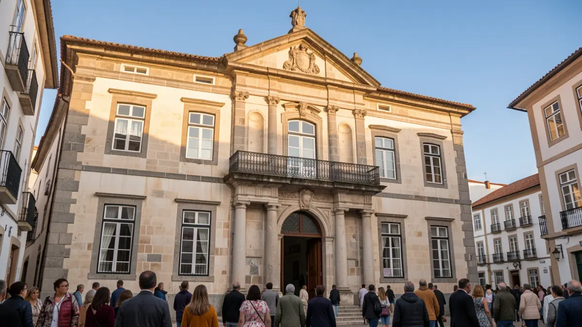 Fachada da Câmara Municipal de Castanheira de Pera, um edifício tradicional português com elementos em pedra e varanda ornamentada, sob a luz quente da tarde.