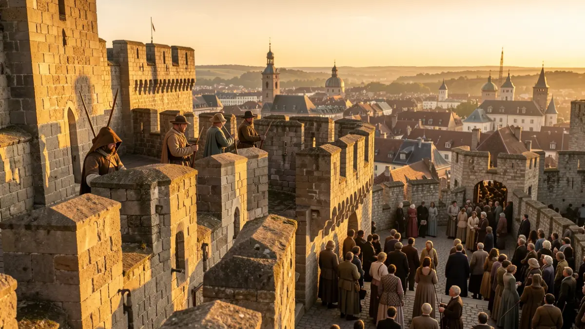 Generic image of medieval castle battlements with historical figures in period costumes at sunset.