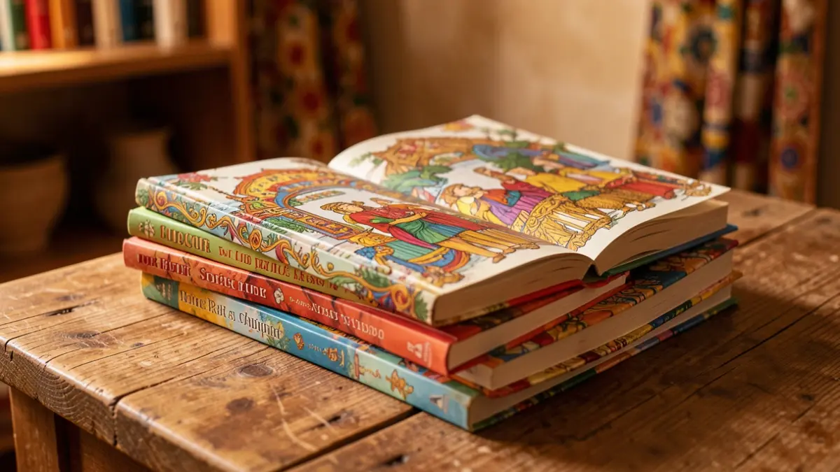 Imagen de libros ilustrados con portadas vibrantes y arte intrincado, en un ambiente de festival literario.
