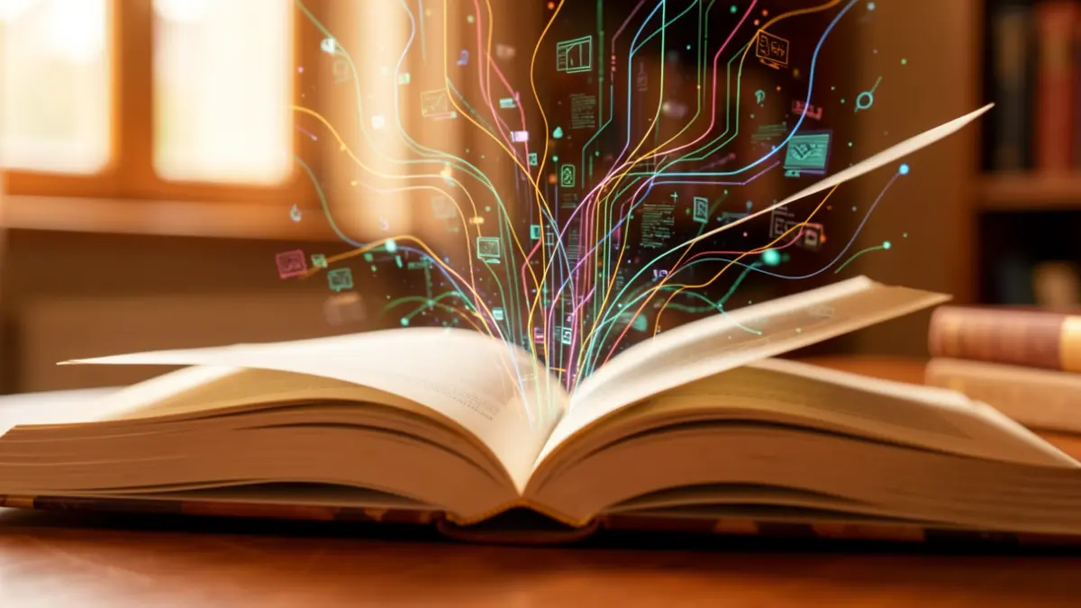 Imagen genérica de un libro abierto con patrones digitales emergiendo de las páginas, simbolizando la alfabetización mediática y el flujo de información.
