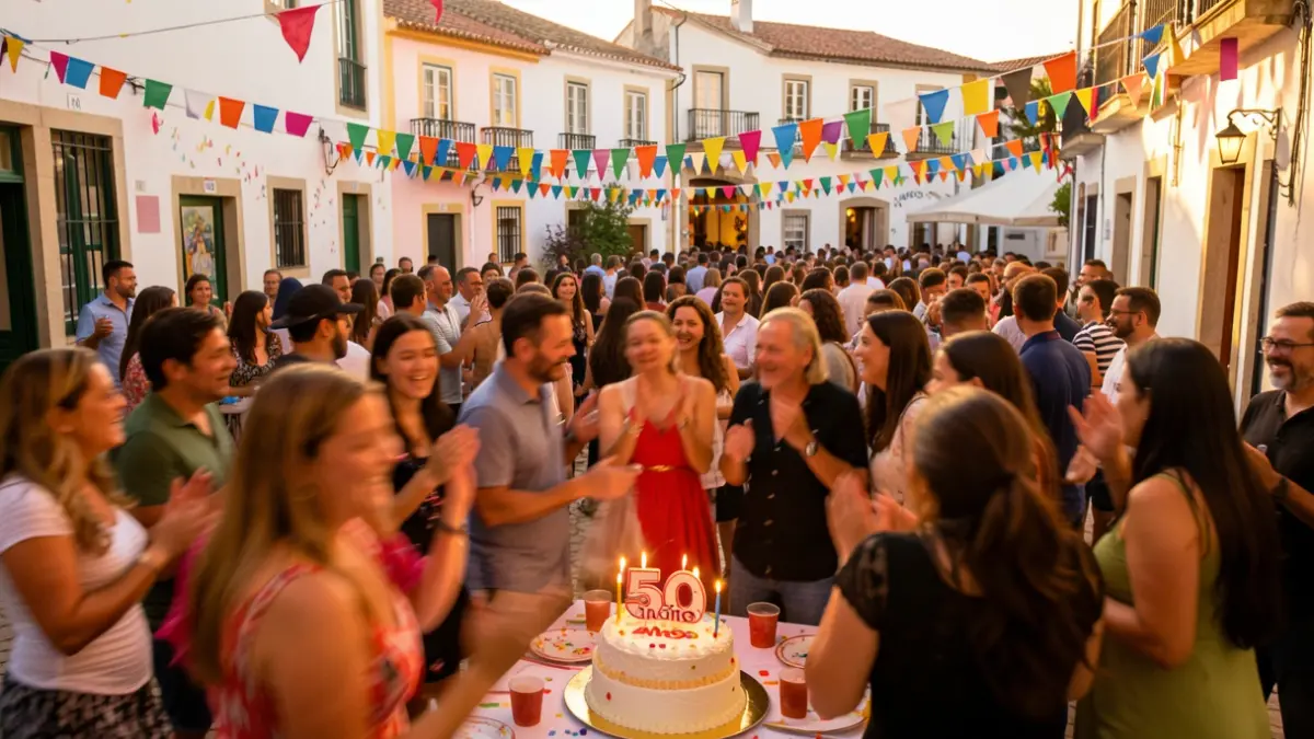 Imagem de celebração dos 50 anos do CCDBA em Brejos de Azeitão, com pessoas e decorações festivas.