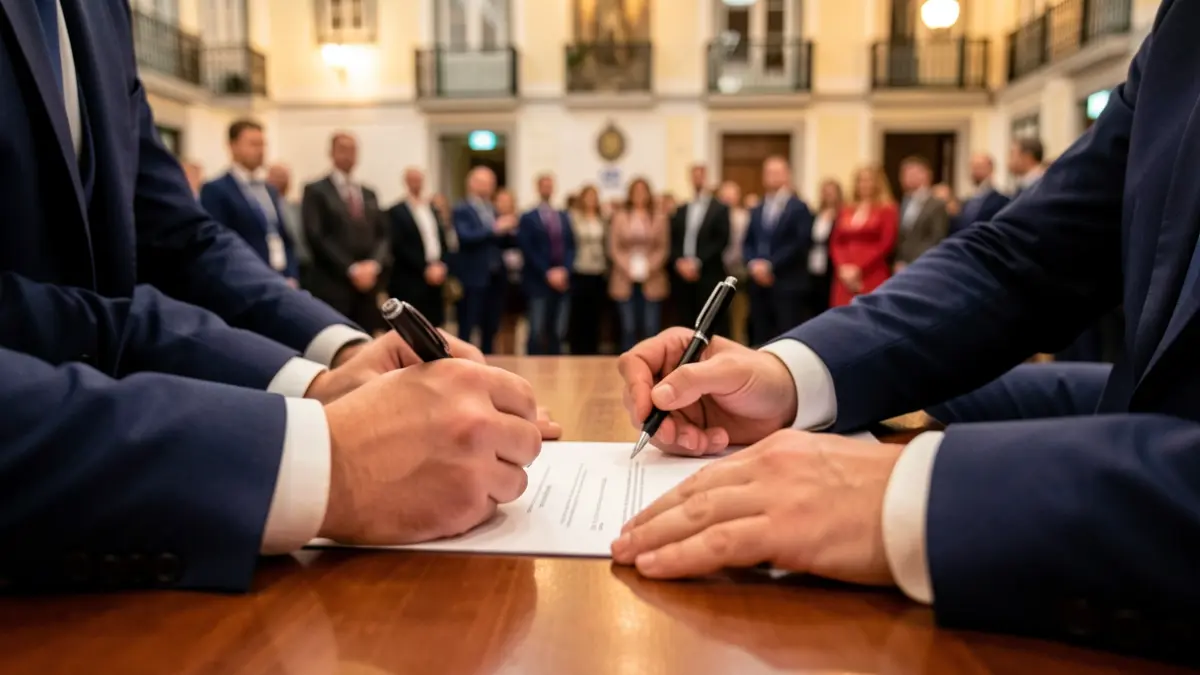 Generic image of hands signing an official document on a wooden desk, with Portuguese architecture in the background.