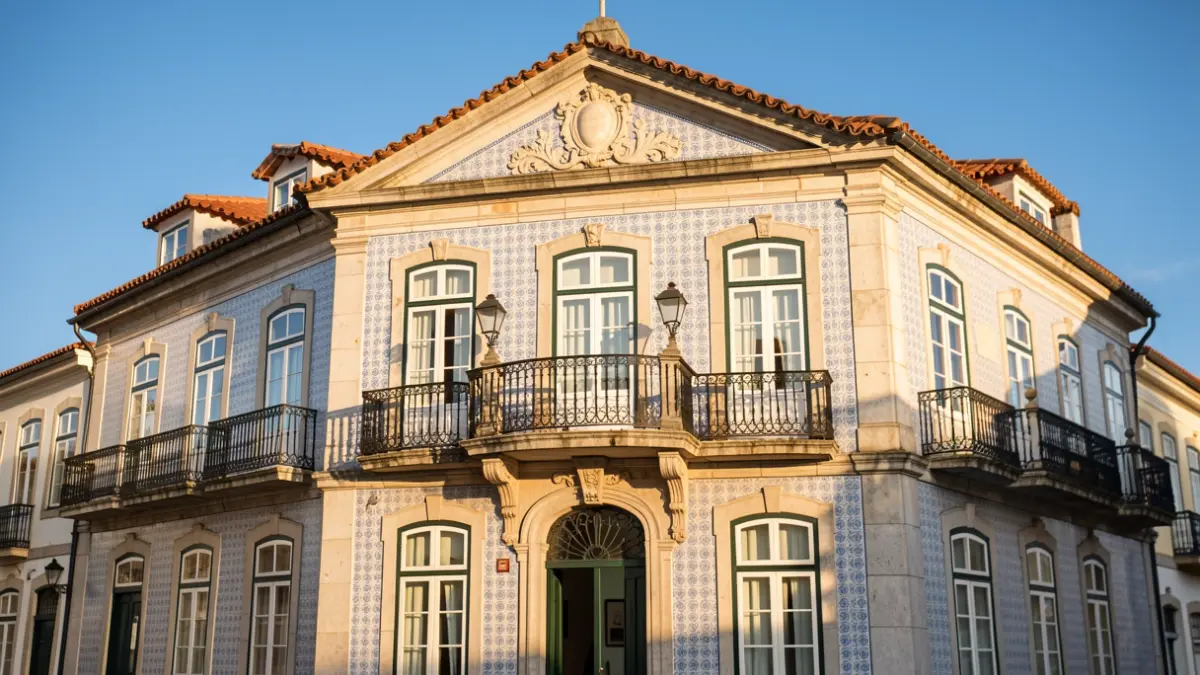 Imagem genérica da fachada de um edifício público português com varandas ornamentadas, sob luz solar de fim de tarde.