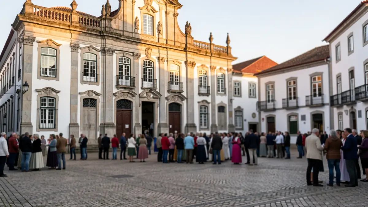 Generic image of a traditional Portuguese church with a cobblestone square in front, at dusk.