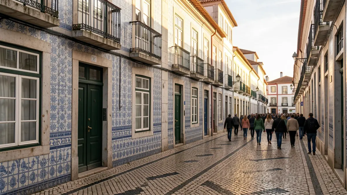 Generic image of traditional Portuguese architecture with calçada portuguesa sidewalk and azulejo tiles.