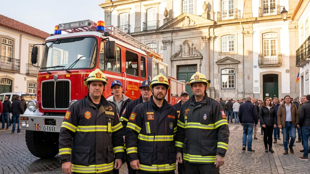 Generic image of Portuguese firefighters in uniform in front of a historic fire truck, with the facade of a Portuguese town hall in the background.