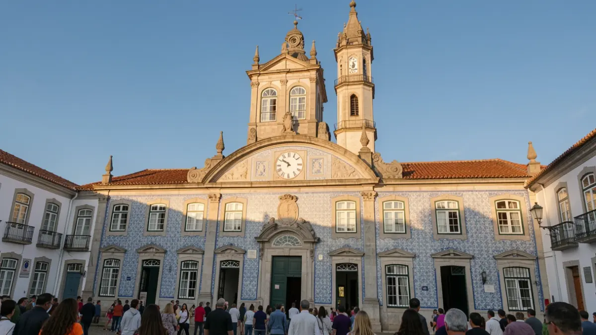 Fachada de un edificio municipal en Celorico de Basto con azulejos tradicionales.