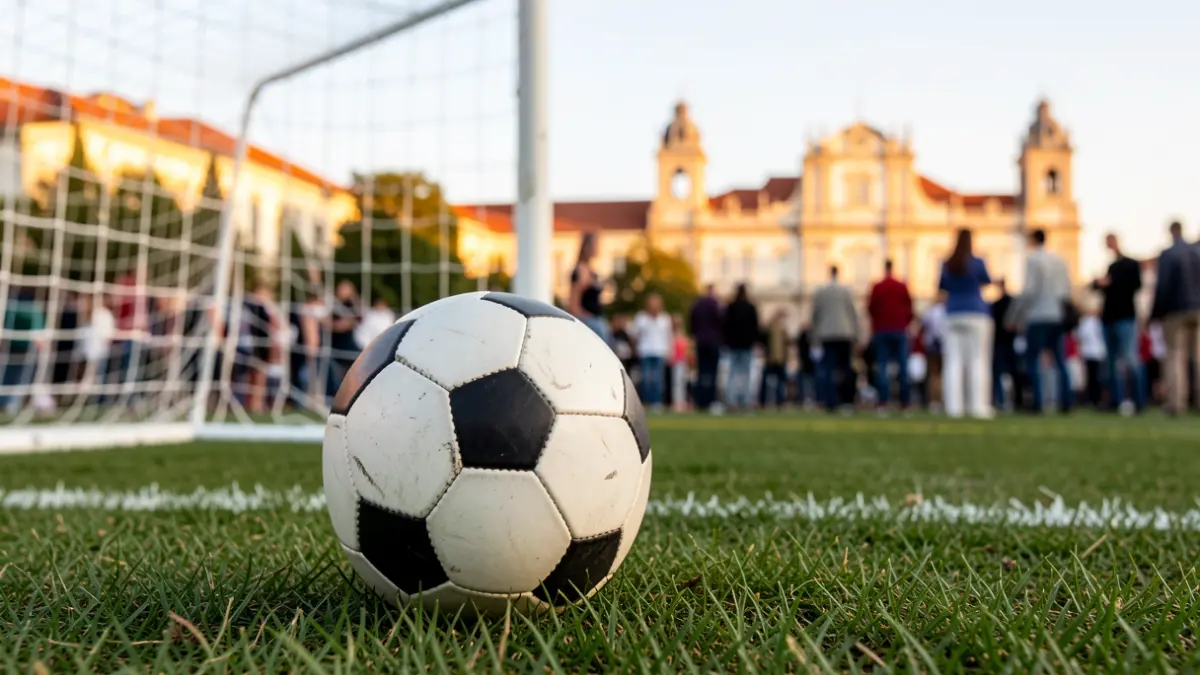 Imagem genérica de uma bola de futebol num relvado com a baliza desfocada ao fundo, em tons de final de tarde.