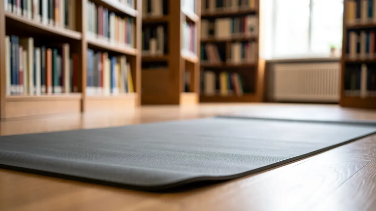 Generic image of a yoga mat in a library with blurred bookshelves in the background.