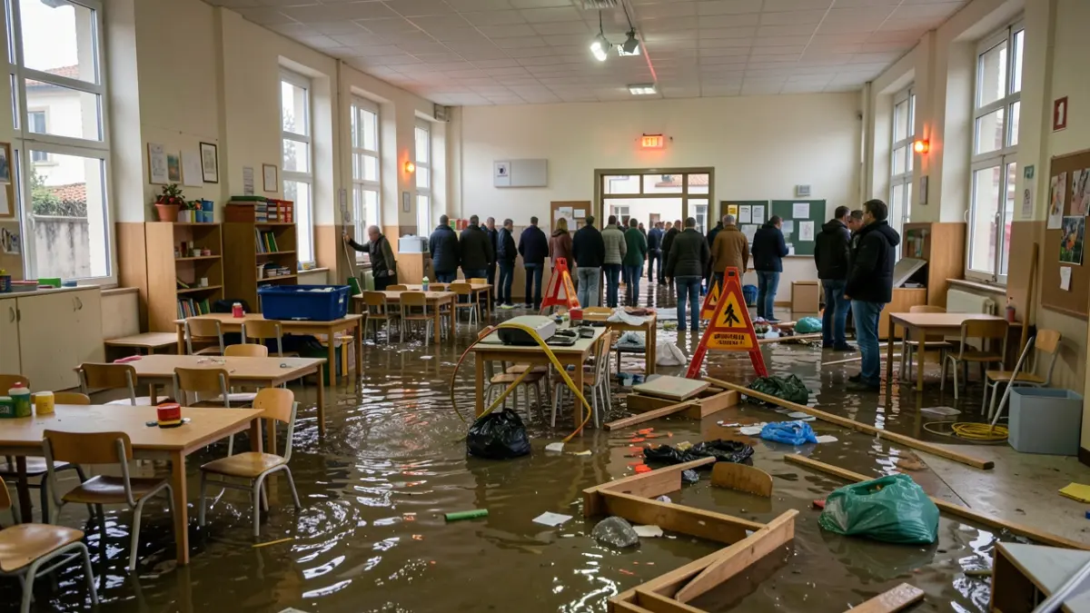 Imagem de um centro escolar inundado em Nelas após fortes chuvas, com equipas de limpeza a trabalhar.