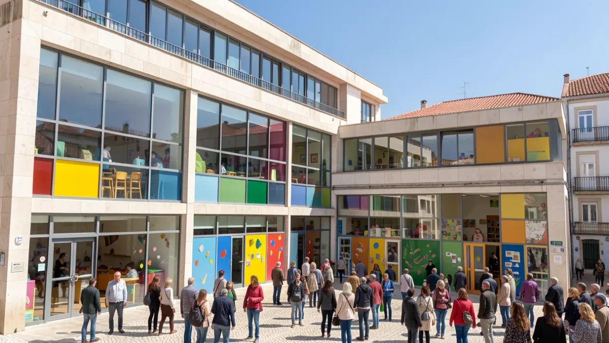 Generic image of a modern children's center with a new extension, on a sunny day.