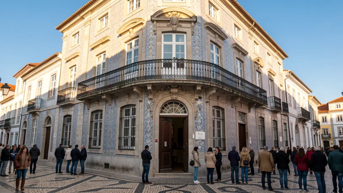 Generic image of the facade of a Portuguese municipal building with an ornate balcony, under afternoon sunlight.
