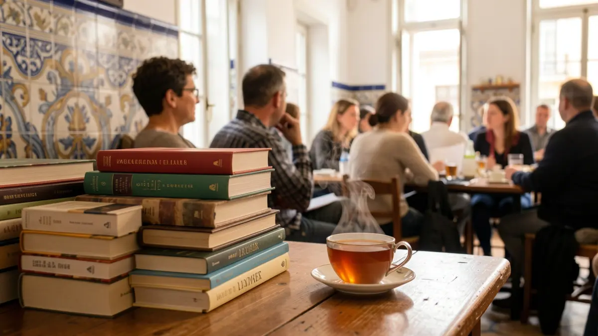 Generic image of a literary event in Portugal, featuring books and a cup of tea.