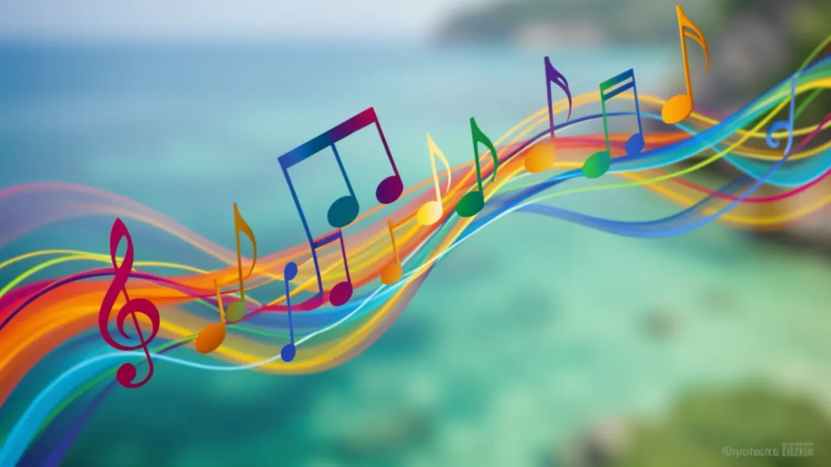 Imagem genérica de notas musicais abstratas e cores fluidas sobre um fundo desfocado que evoca uma ilha.
