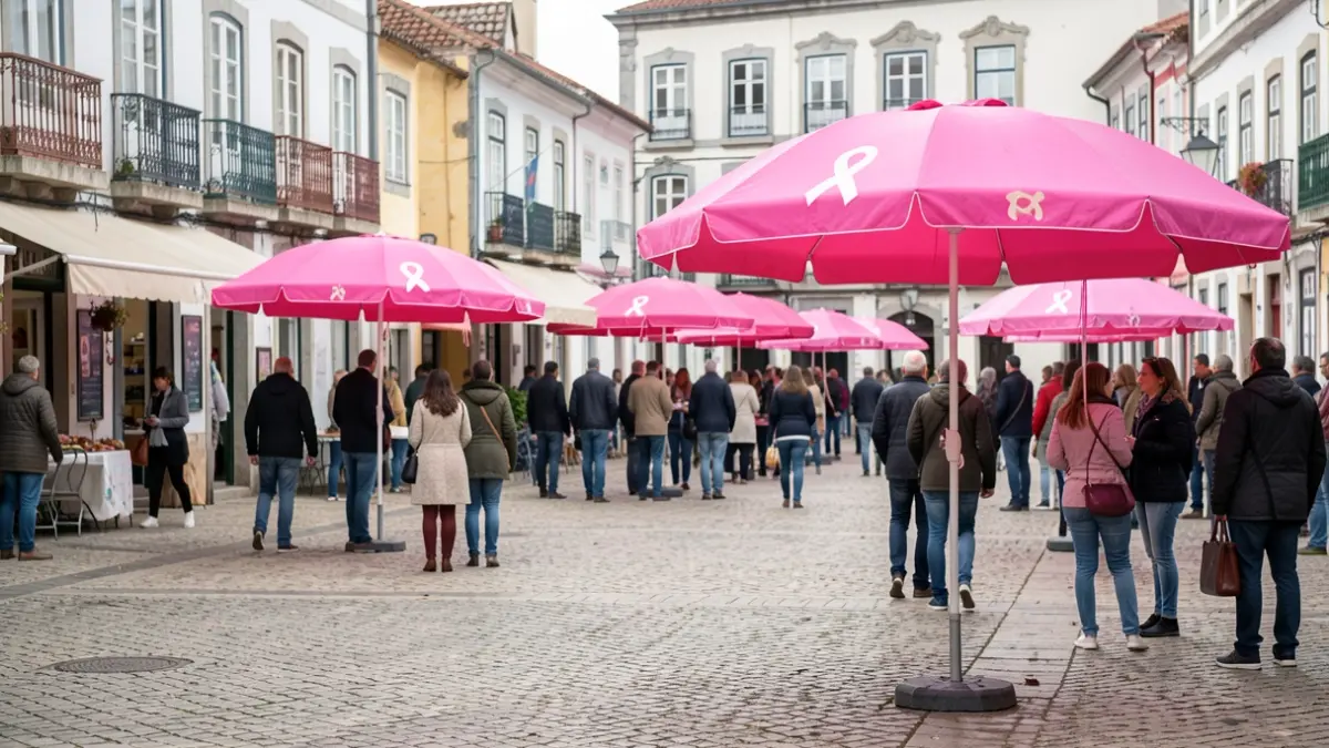 Imagem genérica de chapéus de chuva cor-de-rosa decorados com laços de sensibilização para o cancro da mama, em locais públicos de uma vila portuguesa.