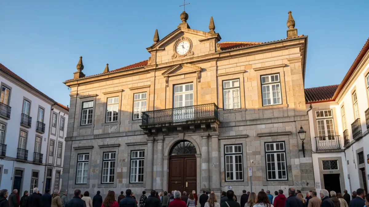 Fachada de um edifício municipal em Chaves, Portugal, com arquitetura tradicional e luz de fim de tarde.