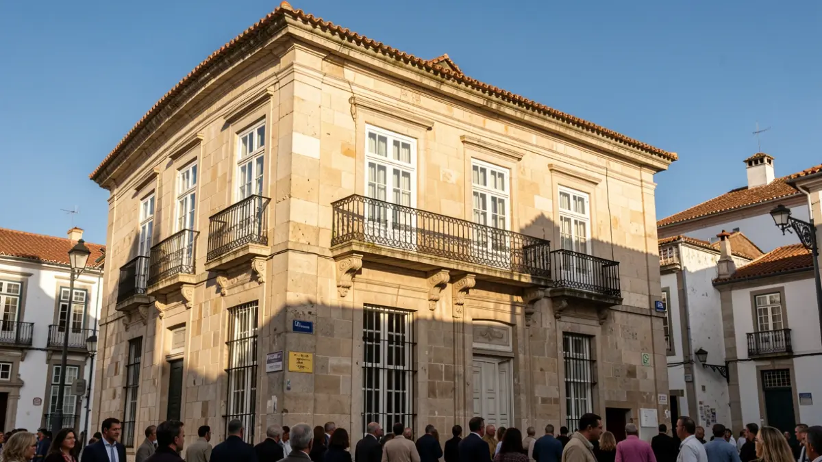 Imagem genérica de uma fachada de edifício municipal em Portugal, com luz solar de fim de tarde.