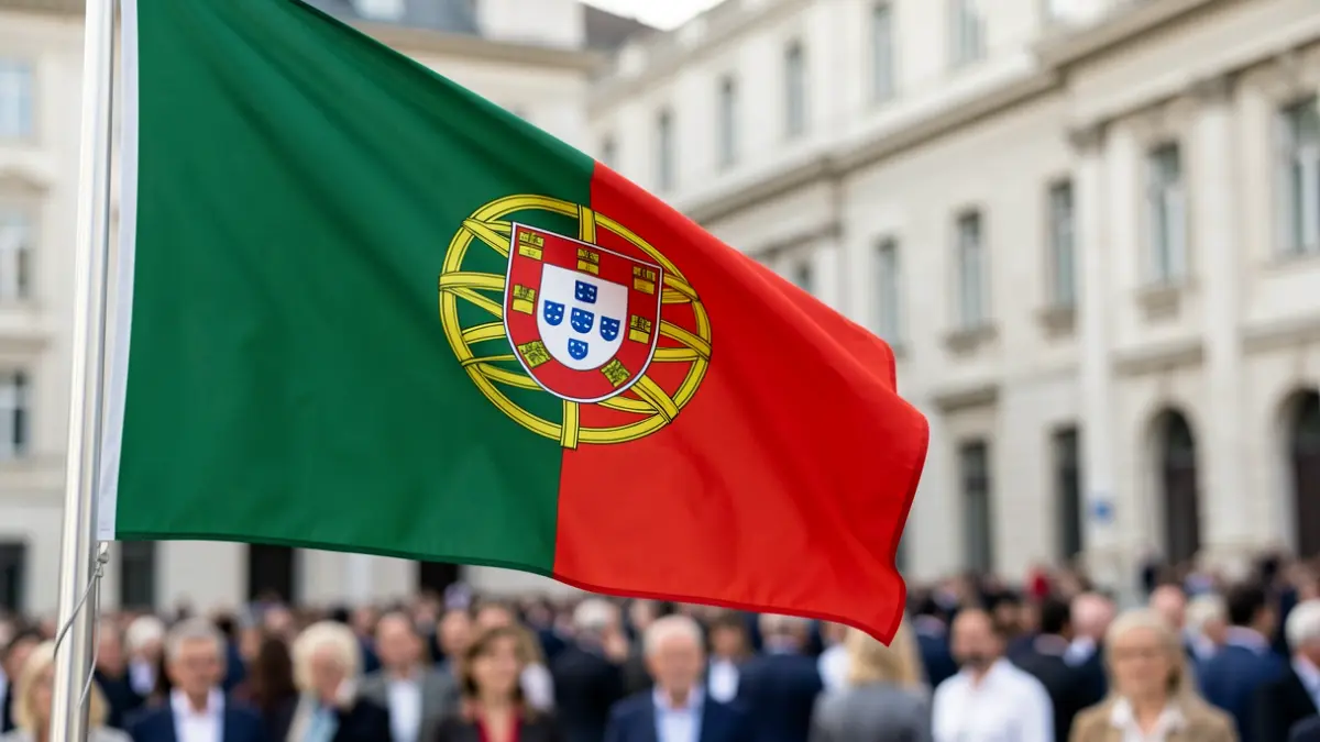 Imagen genérica de una bandera portuguesa ondeando contra la arquitectura de un edificio gubernamental desenfocado.